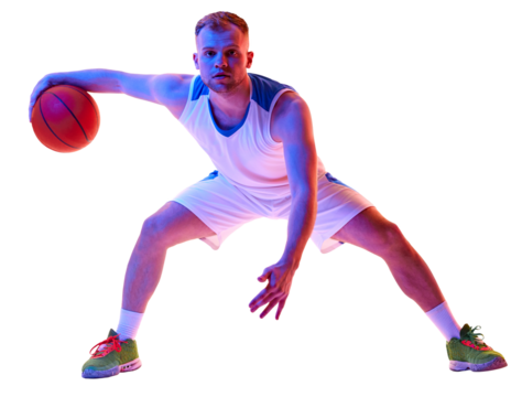 Young man, basketball player playing game, preparing for maneuver or shot in neon light against transparent background. Concept of professional sport, games, healthy lifestyle, tournament, action. Ad