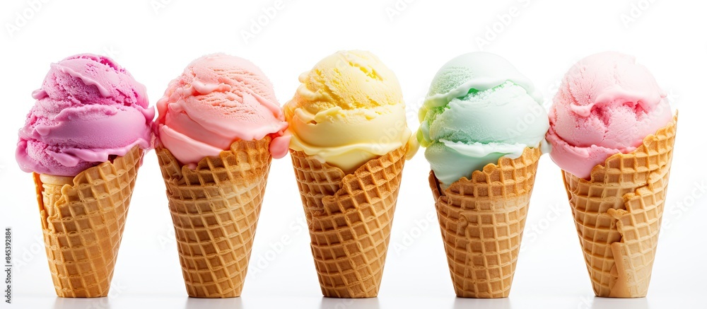 Poster ice cream in waffle cone isolated on white background. creative banner. copyspace image