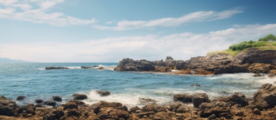 Rocky beach you can see the sea and foaming waves nearby. Creative banner. Copyspace image