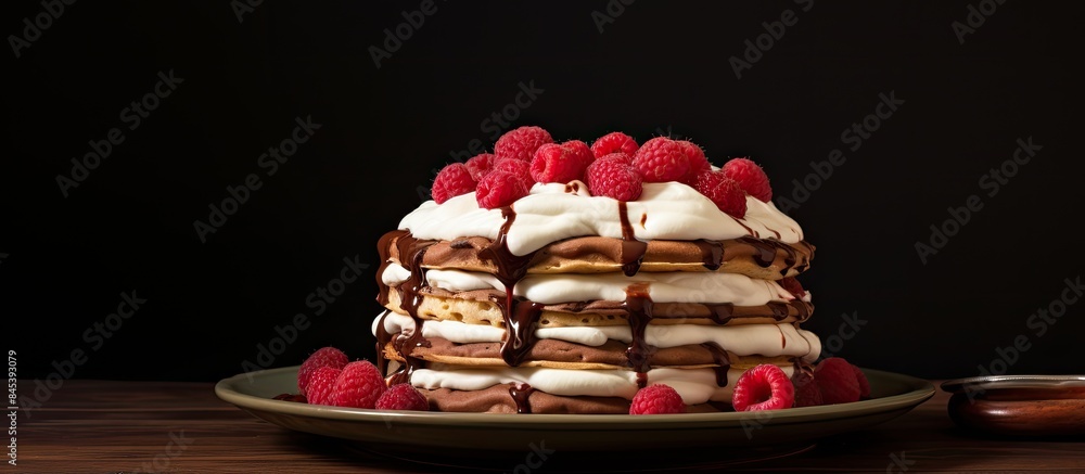 Poster cake of pancakes pancake chocolate cake with whipped cream and raspberries. creative banner. copyspa