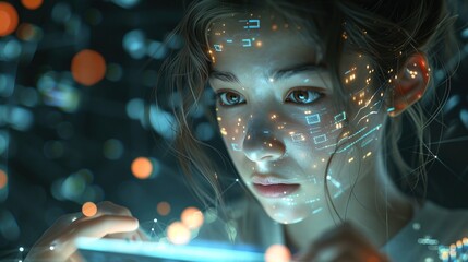 Woman expression on her face and the glowing digital tablet she holds in her hands, which displays graphs and data