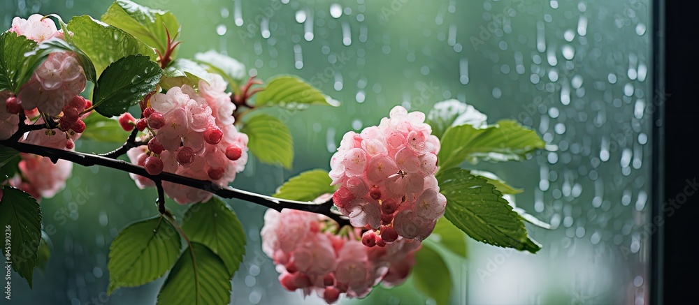 Poster a branch of viburnum on wet glass. creative banner. copyspace image