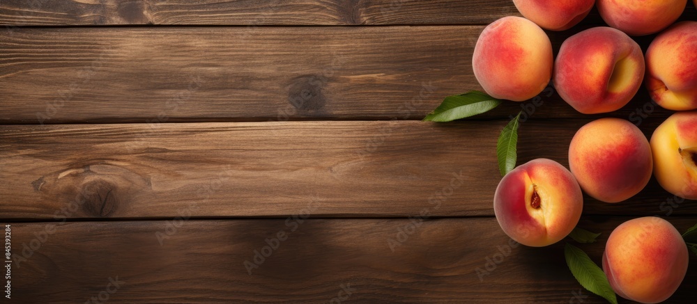 Poster fresh ripe peaches fruits on wooden rustic background top view. creative banner. copyspace image