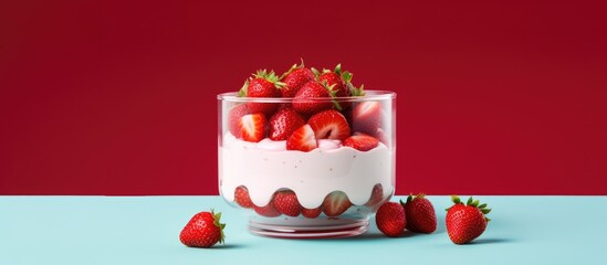 Fresh strawberries on top Yogurt in a glass. Creative banner. Copyspace image