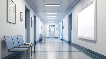 An empty white poster on the wall of a well-lit hospital waiting room with comfortable seating and medical tools visible