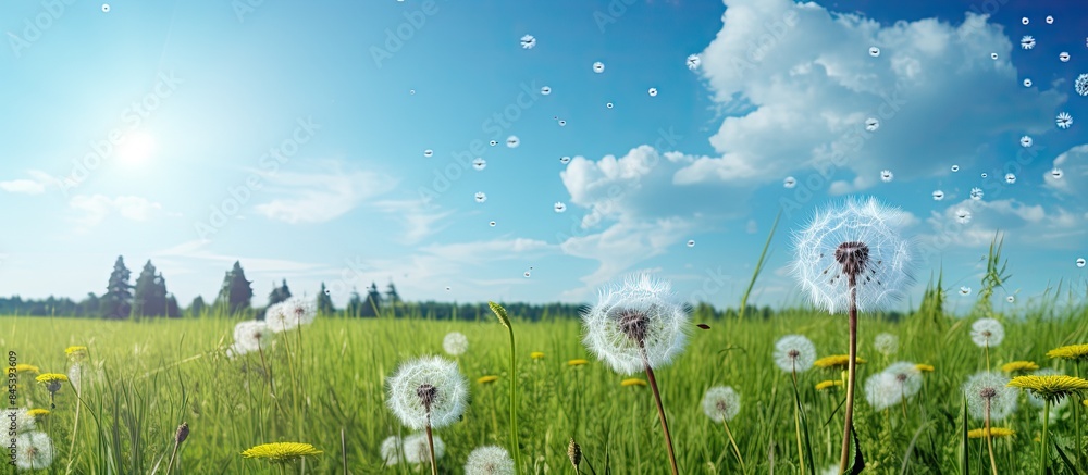 Poster dandelion field in summer sunny day. creative banner. copyspace image