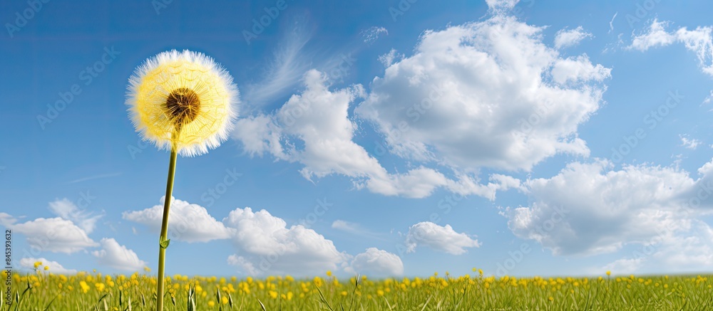 Aufkleber one yellow dandelion in meadow with blue sky and cloud. creative banner. copyspace image
