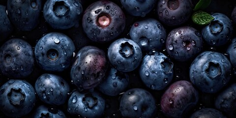 Close-up of fresh blueberries with water droplets, perfect for food and health-related designs