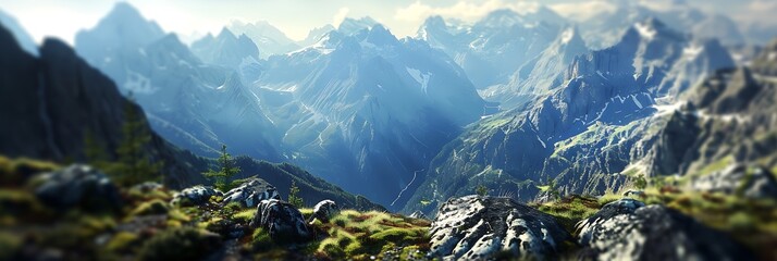 Miniature Mountain Majesty: Experiment with Tilt-Shift Photography to Create a Unique Miniature Mountain Scene, Highlighting Rugged Terrain and Towering Peaks with an Artistic Perspective