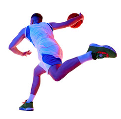 Low angle of young man dressed sportswear training dribbling technique in motion in neon light...