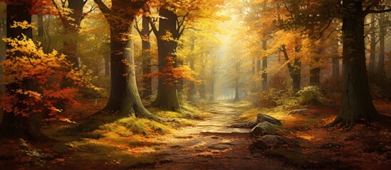 deserted way in a park in the middle of trees during indian summer. Creative banner. Copyspace image