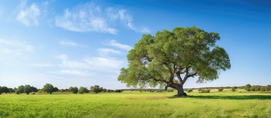 Fototapeta premium Landscape of a cork oak on a green field and blue sky perfect for wallpaper. Creative banner. Copyspace image