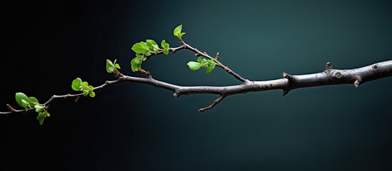 a young twig with green leaves in the spring against the background of fallen last year s foliage....