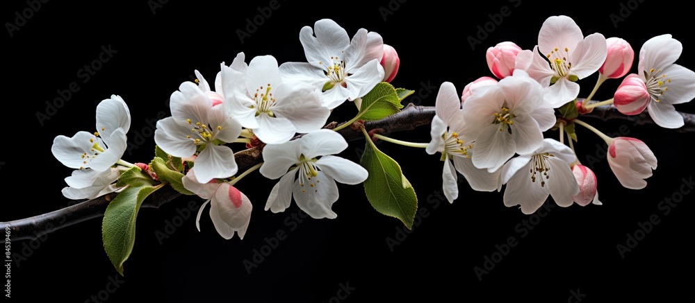 Poster blooming apple tree apple blossom a branch of a tree flowering branch of apple on a black background