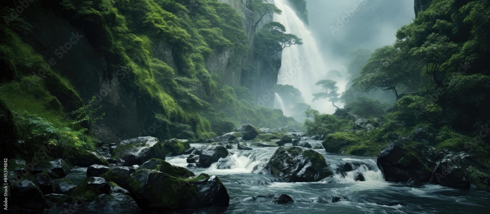 Poster waterfall and fast flowing stream. creative banner. copyspace image