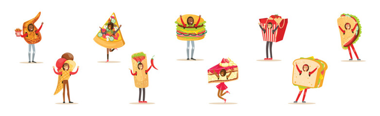 People Character Wearing Fast Food Costume Vector Set