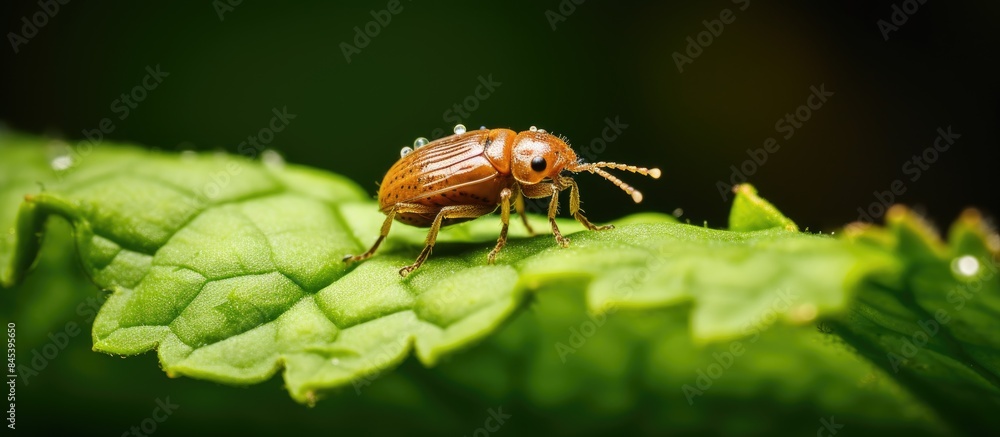 Poster bed bug on a green leaf in nature macro. creative banner. copyspace image