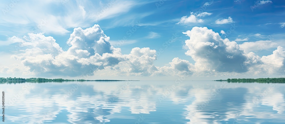 Poster cloud reflection on the lake. creative banner. copyspace image