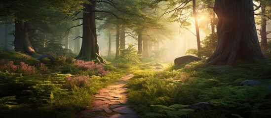 Obraz premium Lane running through the spring deciduous forest at dawn. Creative banner. Copyspace image