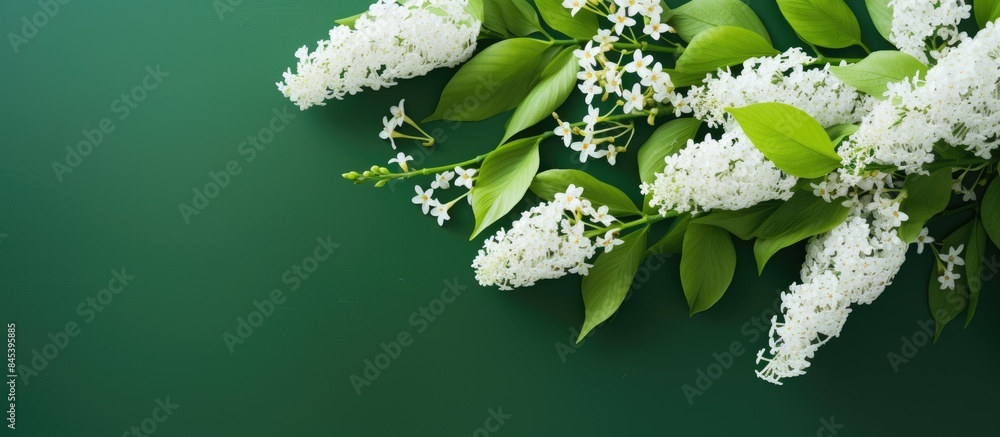 Aufkleber creative flat lay composition with blooming white lilac on a green background spring concept nature 