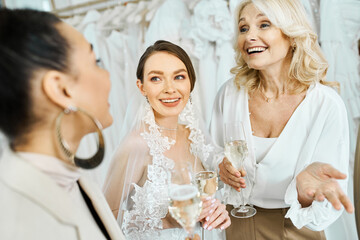 A young bride in a wedding dress, her middle-aged mother, and a bridesmaid in a bridal salon, holding wine glasses.