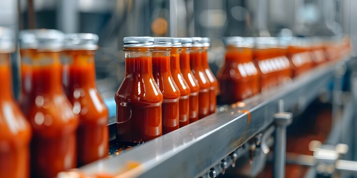 Efficient ketchup bottling process on factory production line. Concept Conveyor Belt, Automated Filling, Quality Control, Bottling Efficiency, Factory Production Line