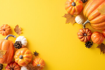 Autumn-themed background featuring pumpkins, pinecones, and scattered dried leaves on a vibrant...