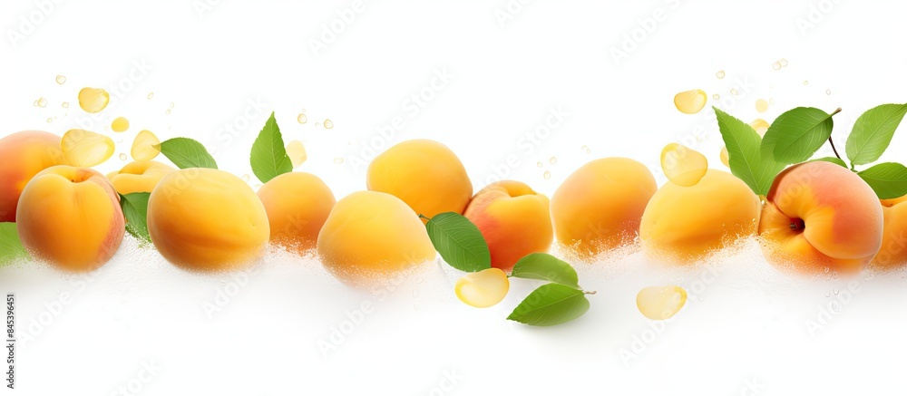 Poster summer fruit concept set of fesh apricots falling isolated on white background with clipping path. Creative banner. Copyspace image