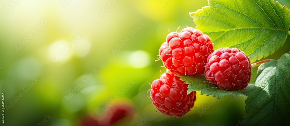 Poster eco raspberry ripe close up in the garden. creative banner. copyspace image