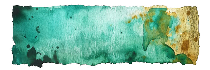 Abstract watercolor painting with shades of teal, green, and gold. Horizontal artistic background isolated on transparent background. Art and design theme for creative projects and print