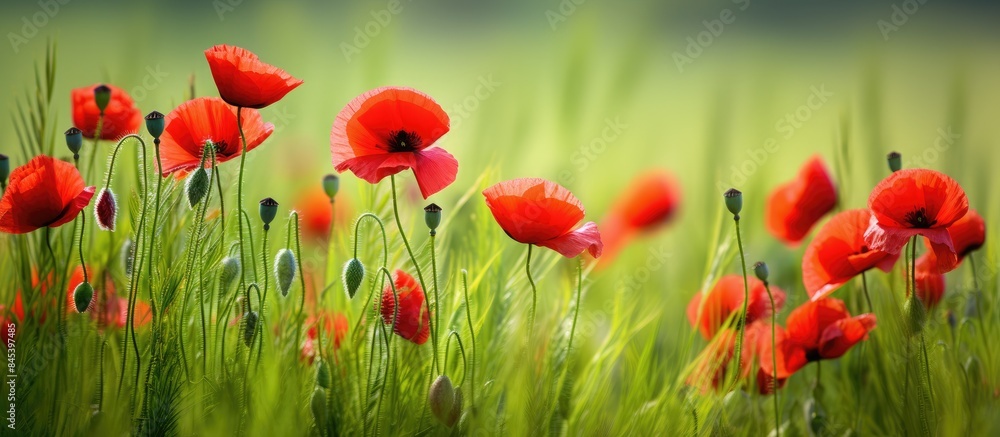 Poster beautiful field red poppies with selective focus photographed on a background of green grass under n