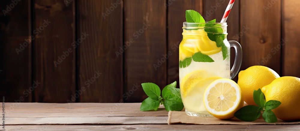 Poster lemonade with fresh lemon on wooden background. creative banner. copyspace image
