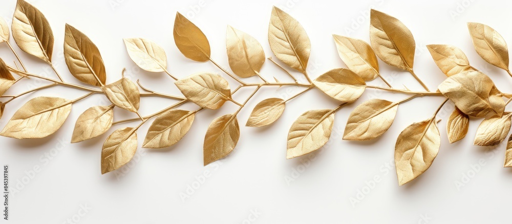 Aufkleber Pattern texture with gold leaves isolated on white background flat lay top view. Creative banner. Copyspace image