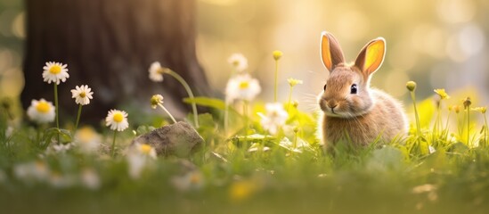 Fototapeta premium Cute little rabbit on green grass with natural bokeh as background during spring Young adorable bunny playing in garden Lovely pet at park. Creative banner. Copyspace image