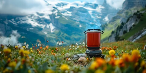 Cooking meal on portable stove while camping in the Swiss Alps. Concept Camping, Cooking, Portable stove, Swiss Alps, Adventure