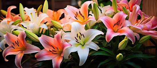 Fototapeta premium bright yellow lily in the garden against the background of green leaves gardening flower cultivation garden and vegetable garden rare lily flowers. Creative banner. Copyspace image