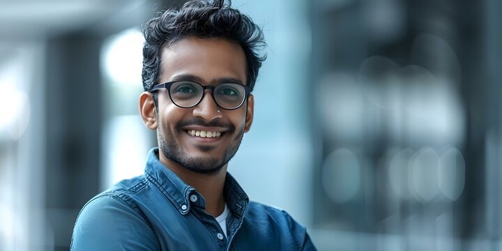 Happy Indian programmer businessman in glasses with phone smiling at camera. Concept Business, Technology, Indian culture, Eyewear, Smiling