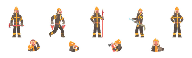 Funny Man Firefighter Character in Uniform Vector Set