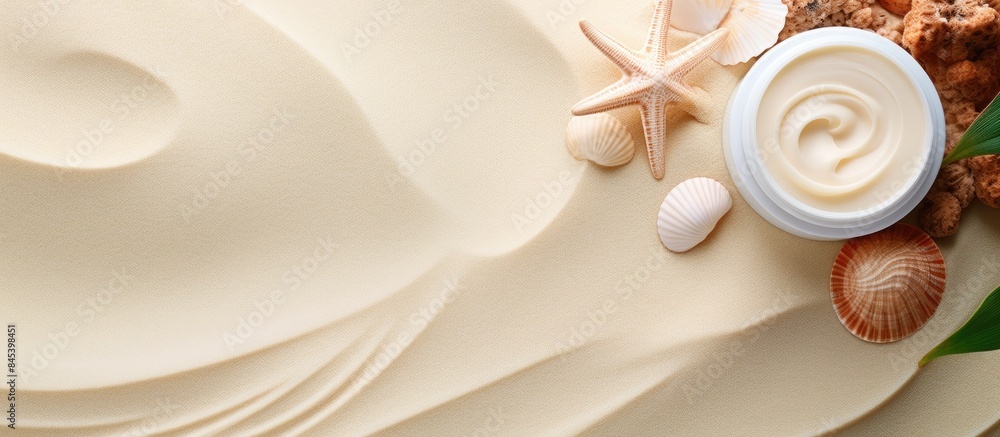 Poster Flip flops with seashell and moisturizer cream on beach sand. Creative banner. Copyspace image