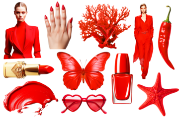 Set of red fashion outfit models and chic objects on png background. Ideal set for moodboards design and collage art. Red aesthetic trends.