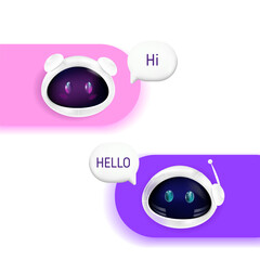 Robots Chat bot chatting in dialog boxes. Vector illustration. Friendly Chatbots with speech bubbles communicate with each other. Artificial intelligence bots.Virtual support and communication concept