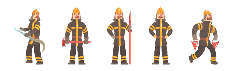 Funny Man Firefighter Character in Uniform Vector Set