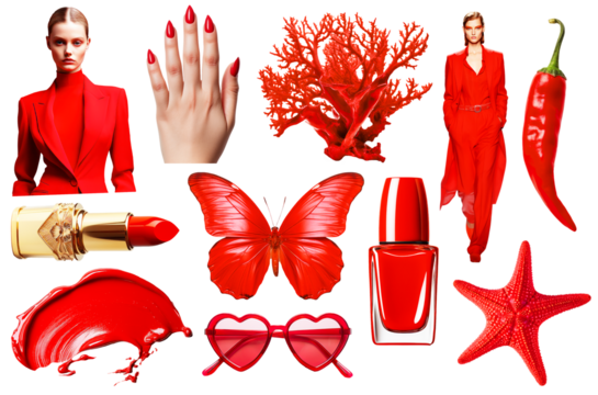 Set of red fashion outfit models and chic objects on png background. Ideal set for moodboards design and collage art. Red aesthetic trends.