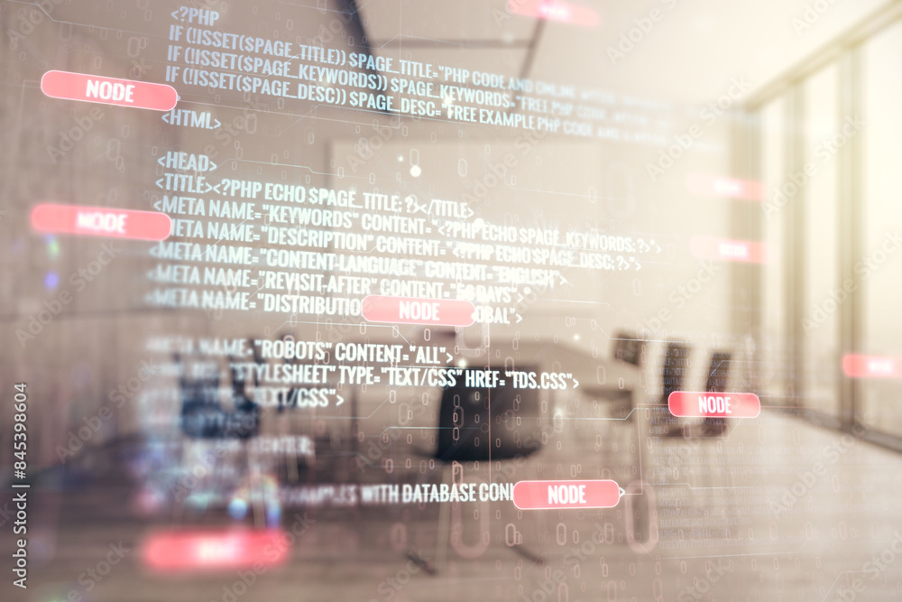 Poster double exposure of abstract creative programming illustration on a modern boardroom background, big 