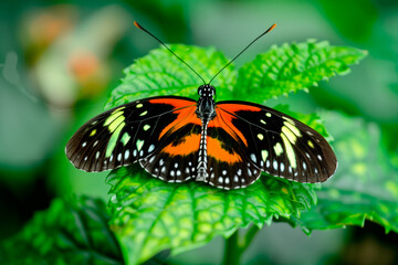 Obraz premium Beautiful Double-banded Red Postman butterfly rests among the foliage of a garden
