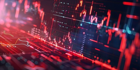 Obraz premium Futuristic blockchain HUD background with growing polygon blocks and stock chart. Concept Blockchain Technology, Futuristic HUD, Polygon Blocks, Stock Market Chart, Growth Trend