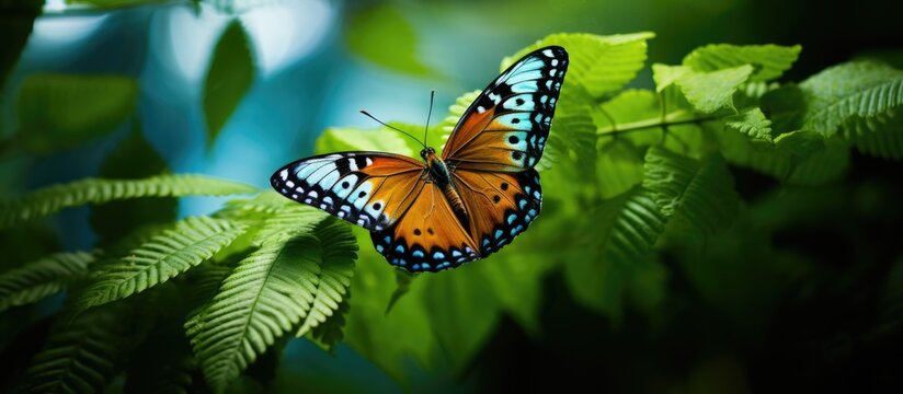 Close up of butterfly on the leaves in summer. Creative banner. Copyspace image