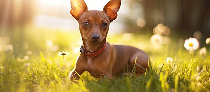 Little pinscher ratter prazsky krysarik crossbreed small dog playing outside on grass during summer spring weather. Creative banner. Copyspace image