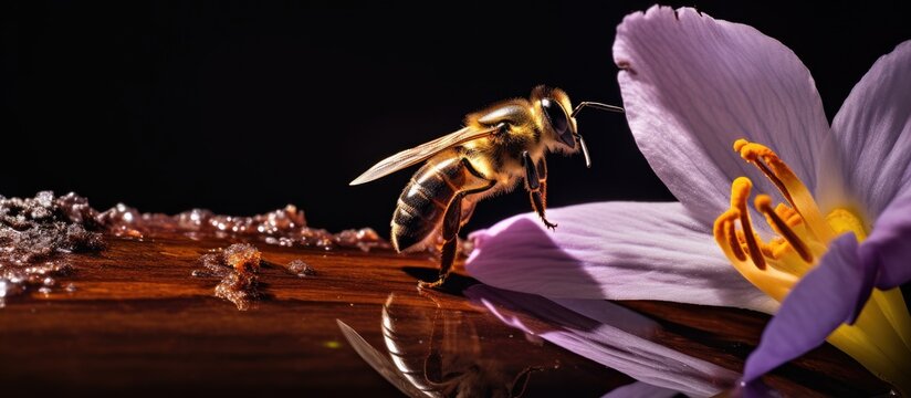 Looking through a brown leaf at a little bee on violet swamp flower. Creative banner. Copyspace image