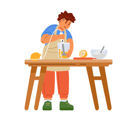 Boy in apron making a lemon filling using blender flat vector illustration isolated on white. Kid cooking.
